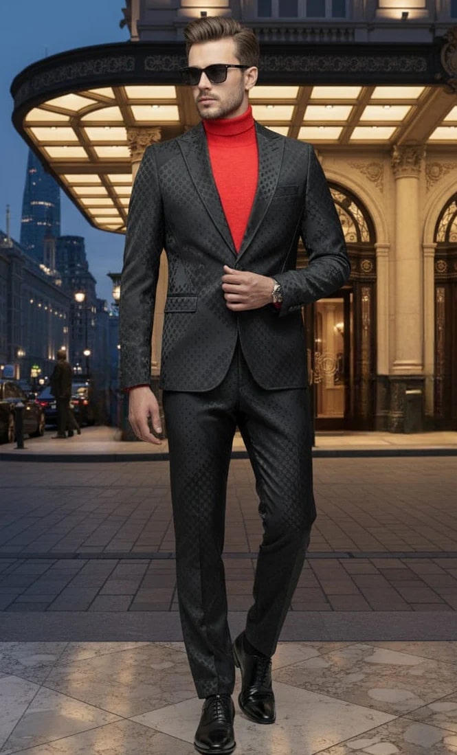 Mens One Button Peak Lapel Suit Black on Black by USA Men's Outlet