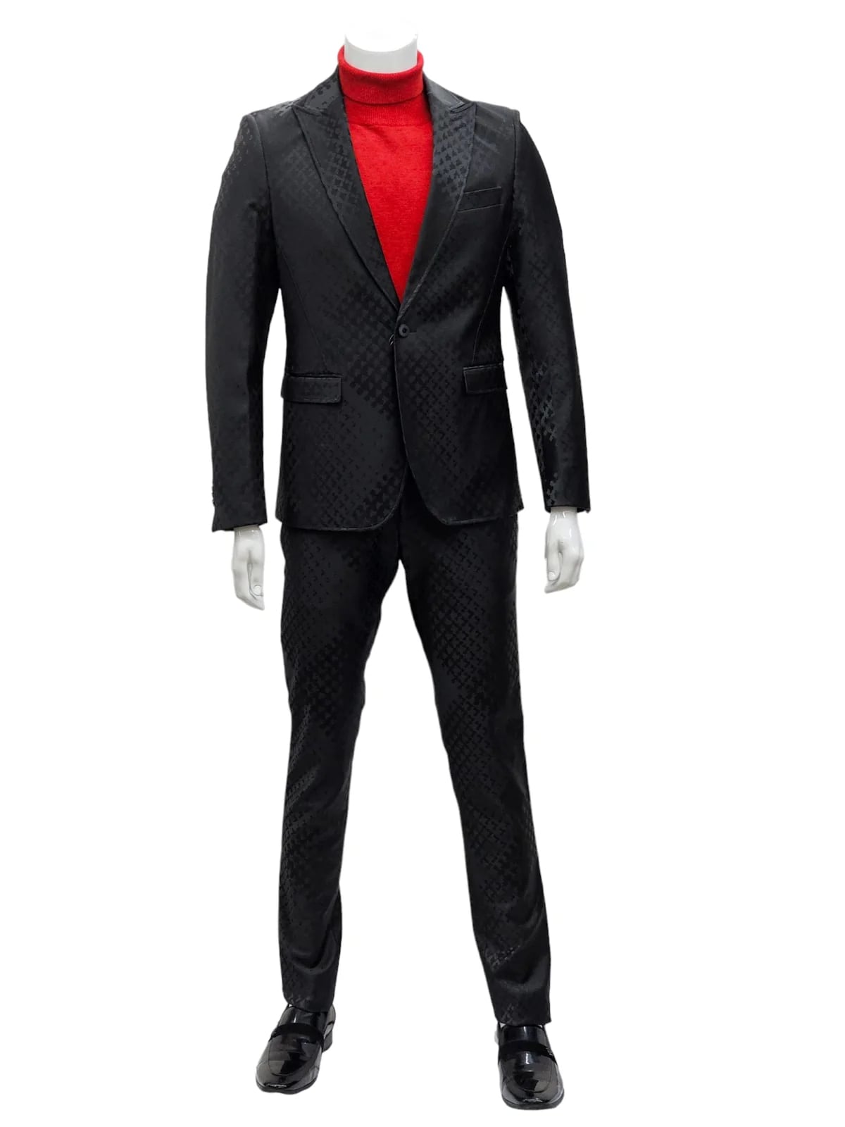 Mens One Button Peak Lapel Suit Black on Black – SuitUSA