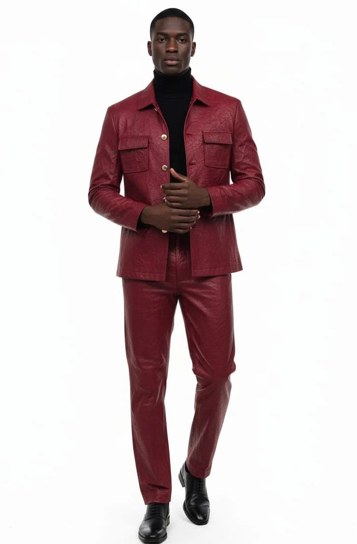 Two Piece Slim Fit Faux Leather Casual Suit Burgundy USA Men's Outlet