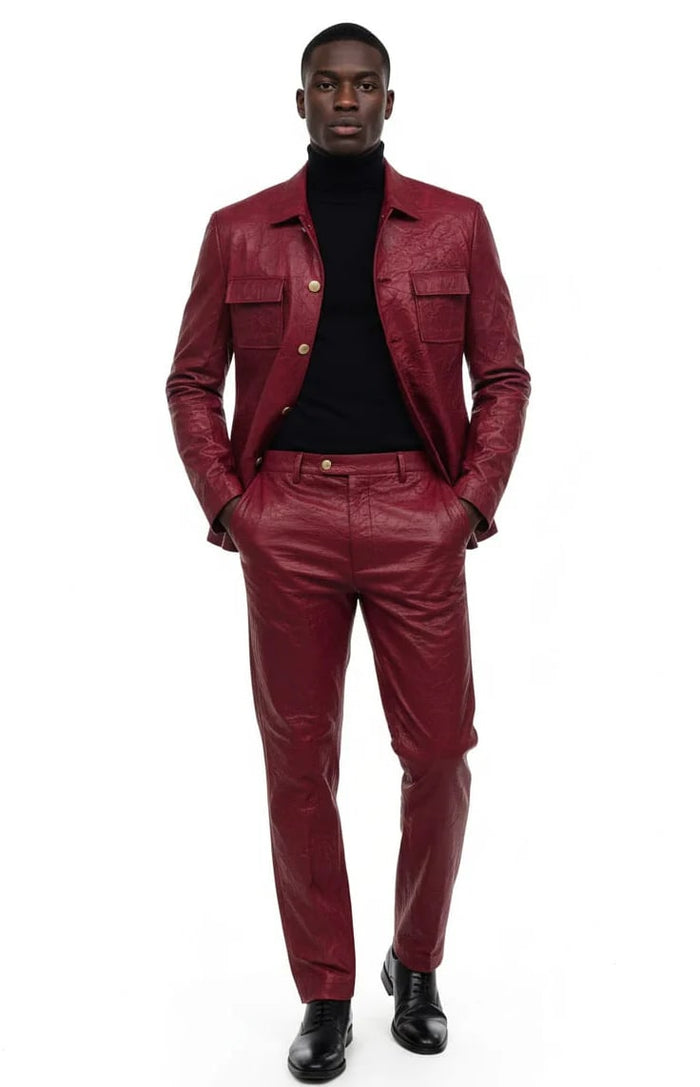 Two Piece Slim Fit Faux Leather Casual Suit Burgundy USA Men's Outlet