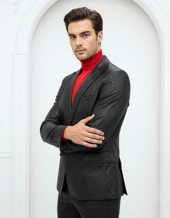 Mens One Button Peak Lapel Suit Black-Rain by USA Men's Outlet