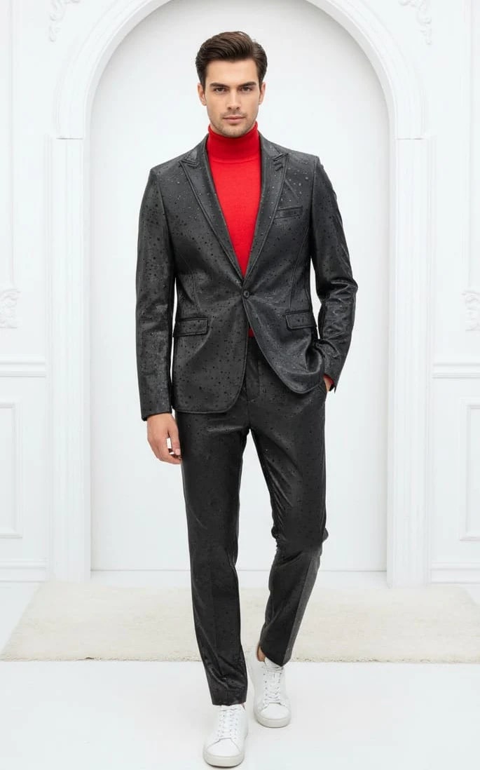 Mens One Button Peak Lapel Suit Black-Rain by USA Men's Outlet