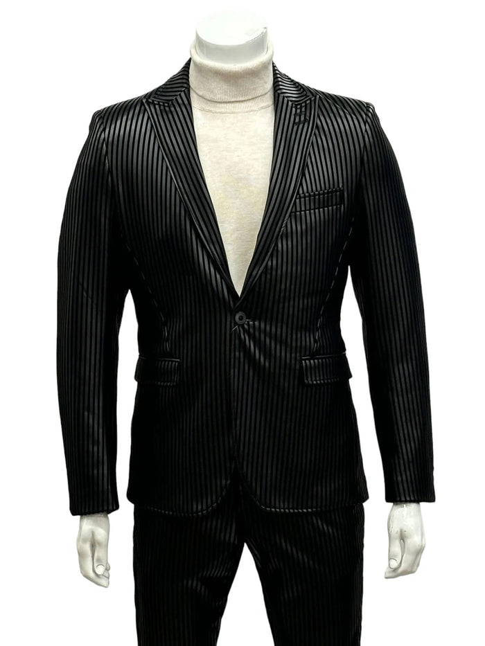 Mens One Button Side Vent Peak Lapel Suit Black by USA Men's Outlet