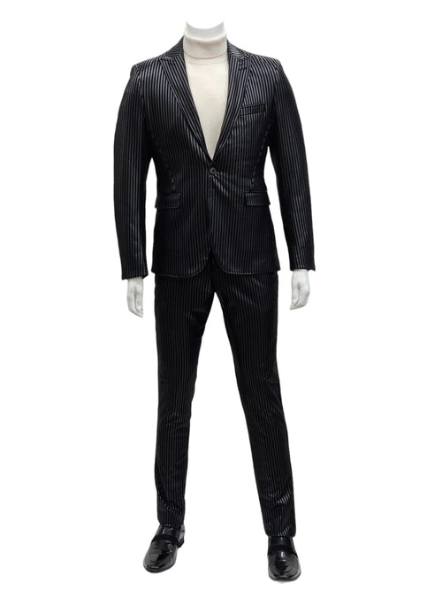 Mens One Button Side Vent Peak Lapel Suit Black
