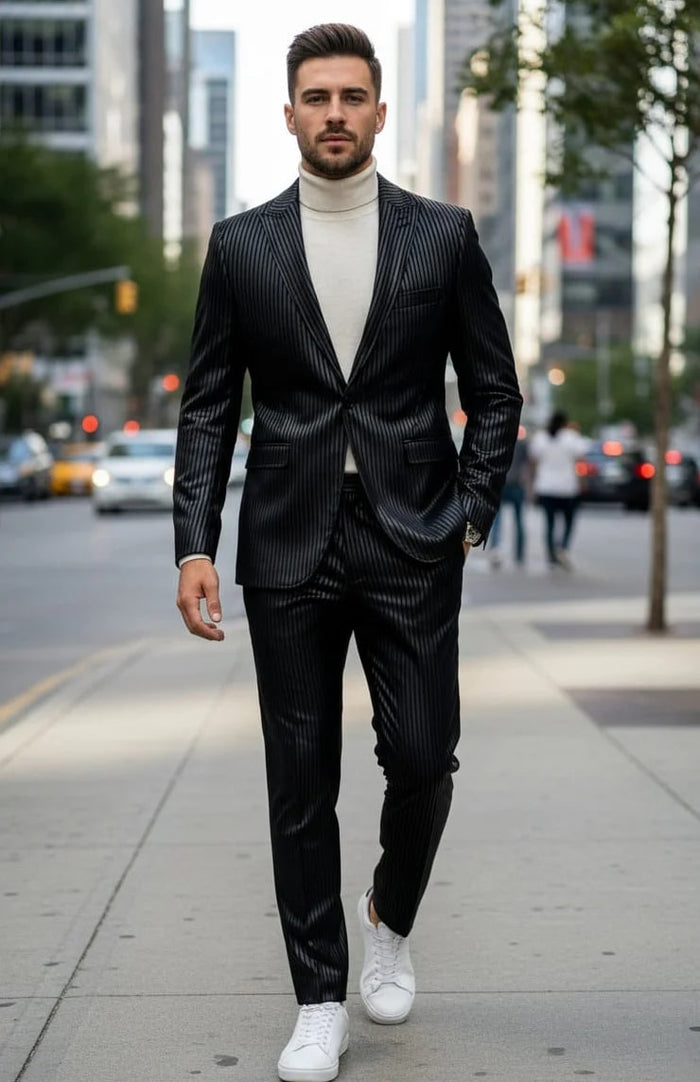 Mens One Button Side Vent Peak Lapel Suit Black by USA Men's Outlet
