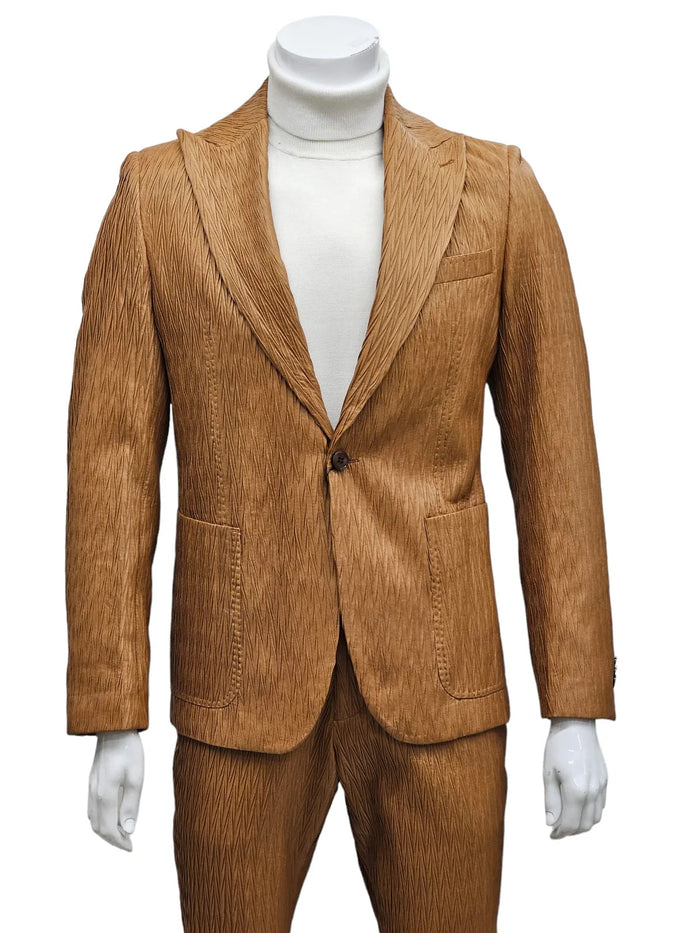 Mens 1 Button Peak Lapel Vegan Leather Suit Tan USA Men's Outlet