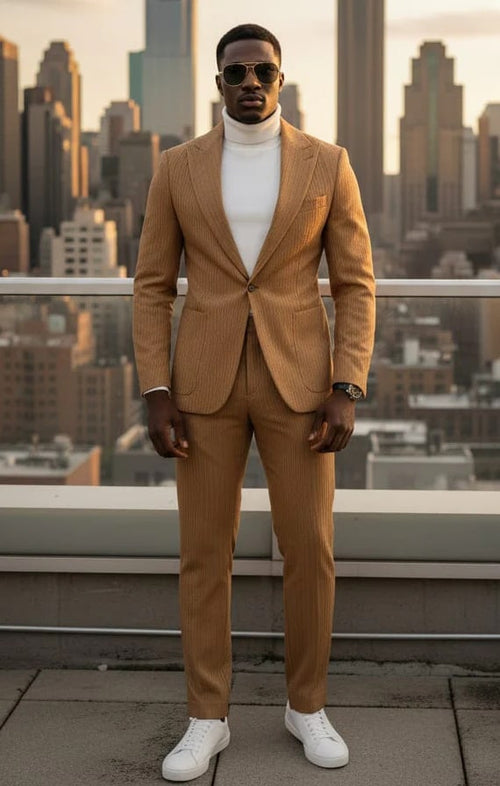 Mens 1 Button Peak Lapel Vegan Leather Suit Tan USA Men's Outlet