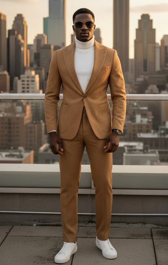 Mens 1 Button Peak Lapel Vegan Leather Suit Tan USA Men's Outlet