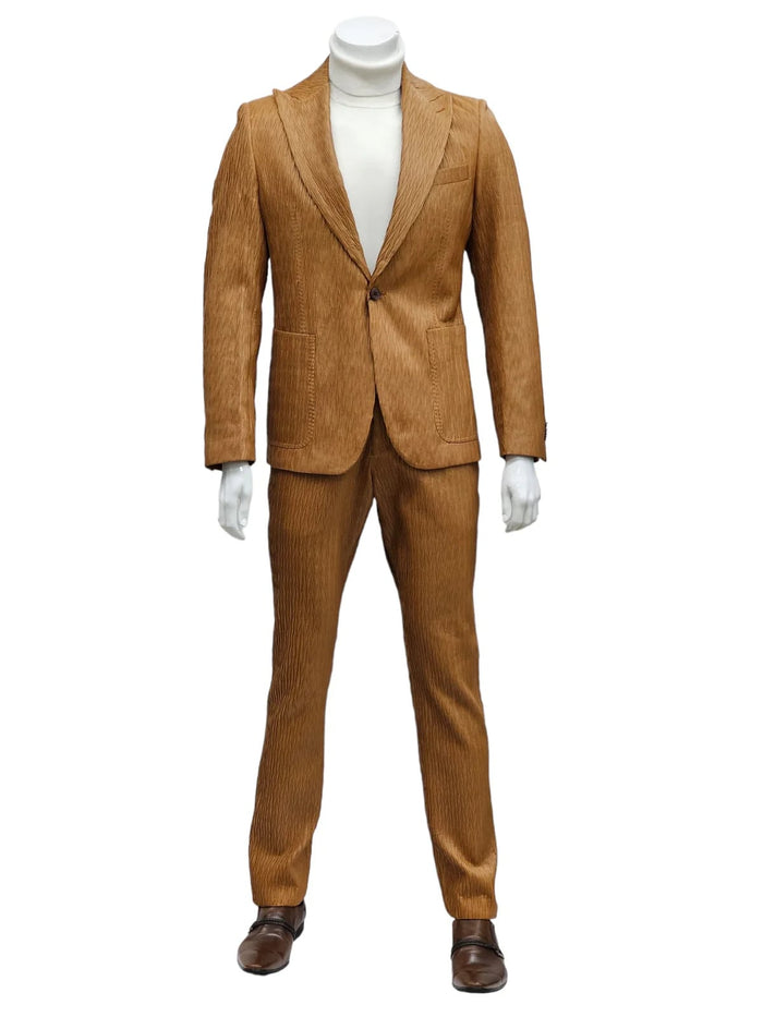 Mens 1 Button Peak Lapel Vegan Leather Suit Tan USA Men's Outlet
