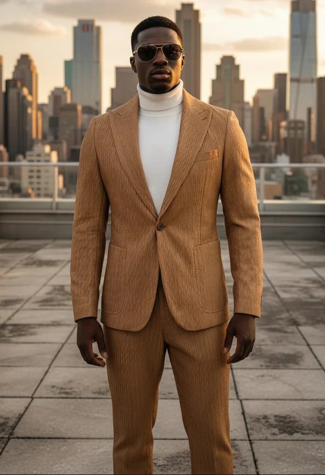 Mens 1 Button Peak Lapel Vegan Leather Suit Tan USA Men's Outlet