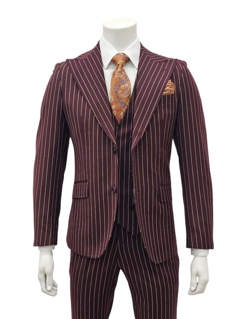 Burgundy Pinstripe Slim Fit 3-Piece Suit — front view