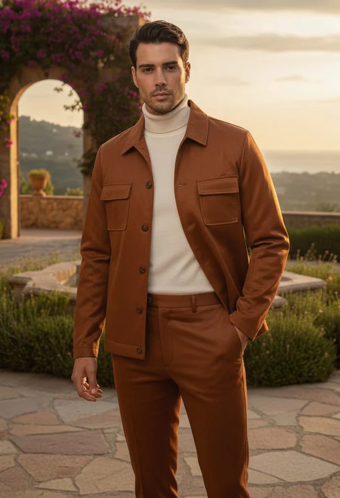 Mens Two Piece Slim Fit Faux Leather Casual Suit Brown by USA Men's Outlet