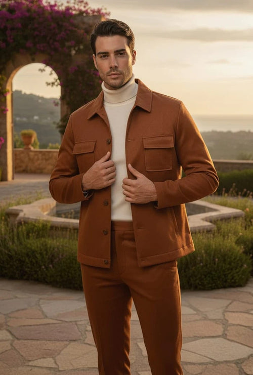 Mens Two Piece Slim Fit Faux Leather Casual Suit Brown by USA Men's Outlet
