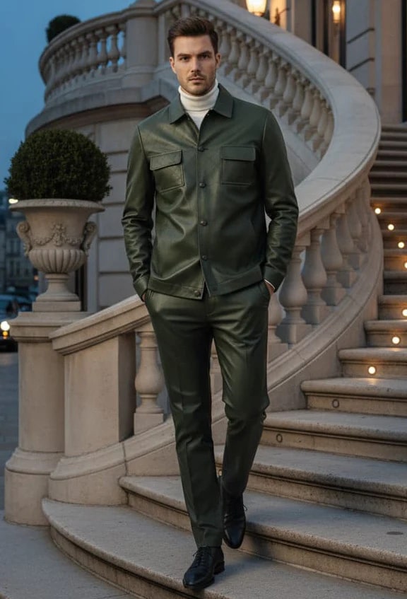Mens Two Piece Slim Fit Faux Leather Casual Suit Olive by USA Men's Outlet