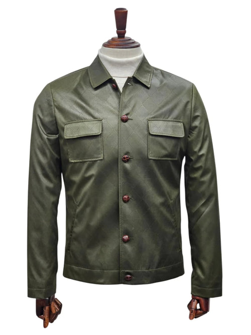 Mens Two Piece Slim Fit Faux Leather Casual Suit Olive by USA Men's Outlet