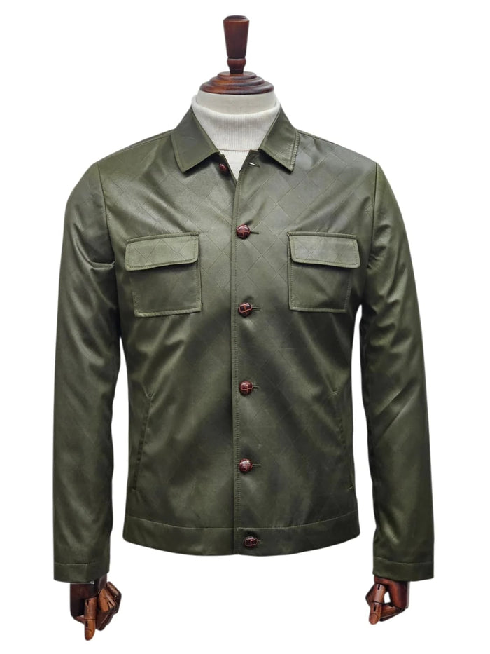 Mens Two Piece Slim Fit Faux Leather Casual Suit Olive by USA Men's Outlet