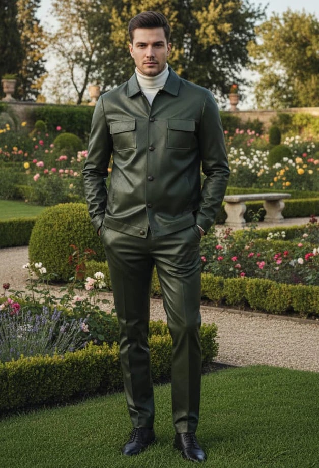 Mens Two Piece Slim Fit Faux Leather Casual Suit Olive by USA Men's Outlet