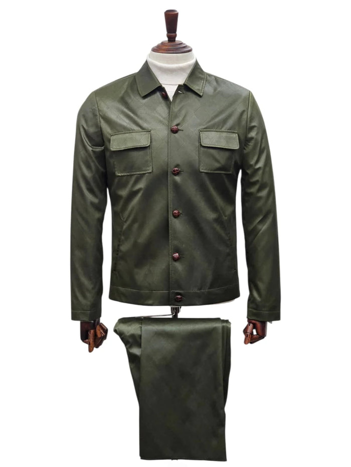 Mens Two Piece Slim Fit Faux Leather Casual Suit Olive by USA Men's Outlet