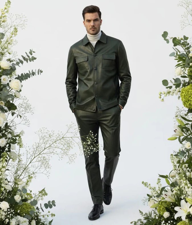 Mens Two Piece Slim Fit Faux Leather Casual Suit Olive by USA Men's Outlet
