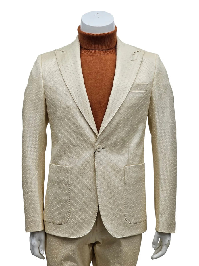 Mens One Button Peak Lapel Basket Weave Pattern Slim Fit Suit Ivory by USA Men's Outlet