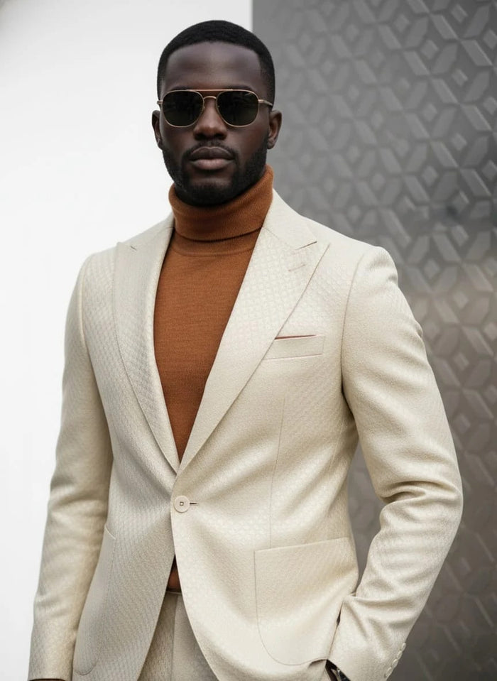 Mens One Button Peak Lapel Basket Weave Pattern Slim Fit Suit Ivory by USA Men's Outlet