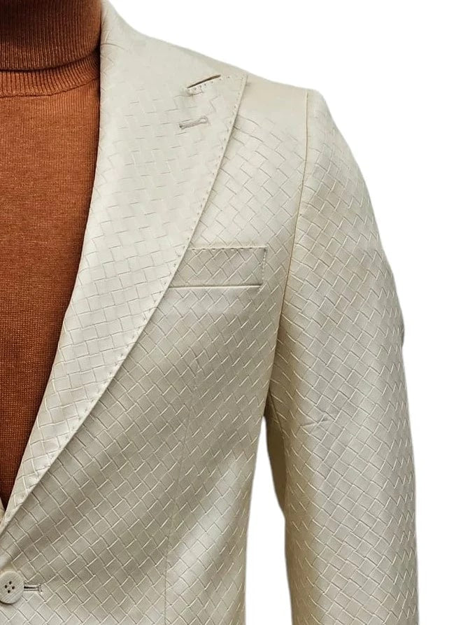 Mens One Button Peak Lapel Basket Weave Pattern Slim Fit Suit Ivory by USA Men's Outlet