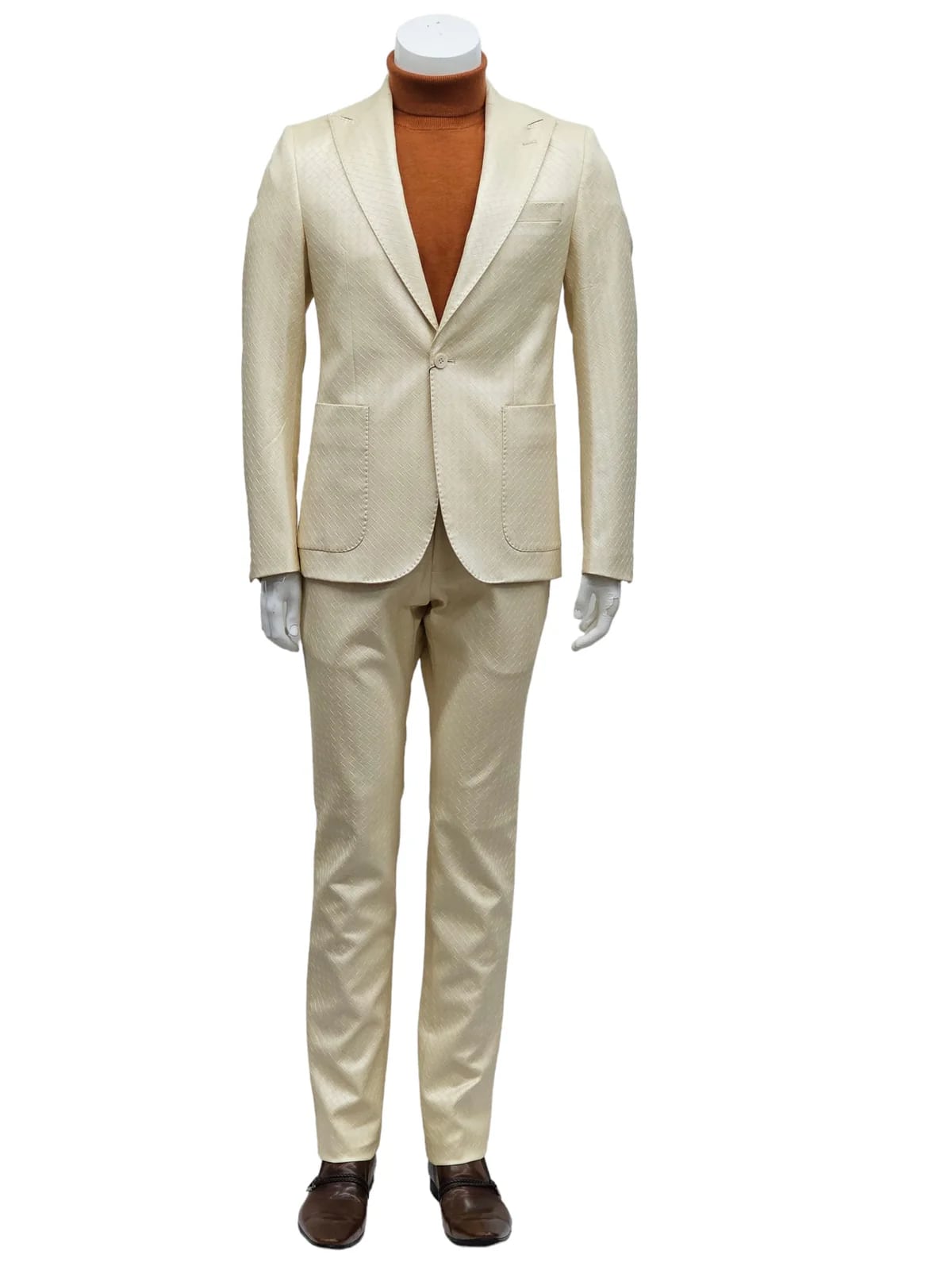 Mens One Button Peak Lapel Basket Weave Pattern Slim Fit Suit Ivory