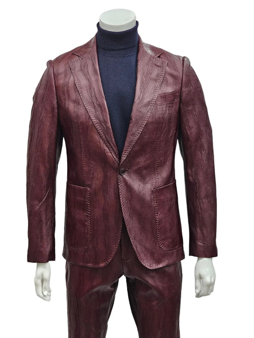 Mens One Button Notch Lapel Suit Burgundy