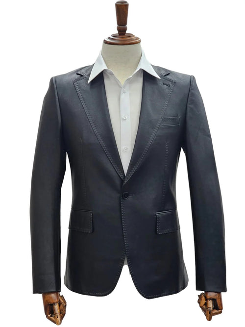 Mens 1 Button Slim Fit Leather Suit Black