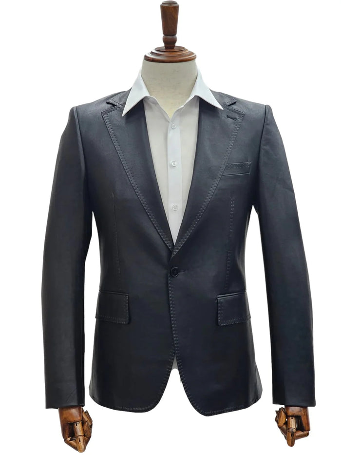 Mens 1 Button Slim Fit Leather Suit Black by USA Men's Outlet