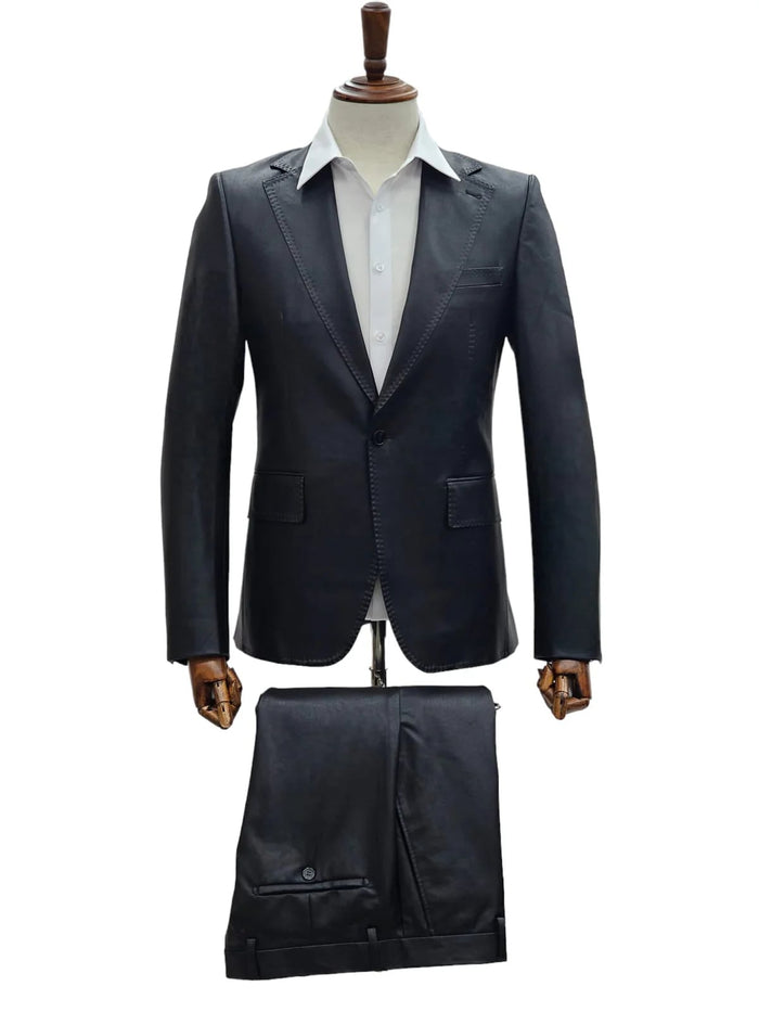 Mens 1 Button Slim Fit Leather Suit Black by USA Men's Outlet