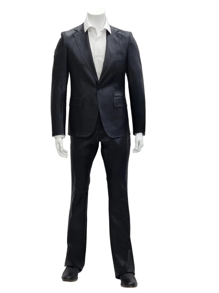Mens 1 Button Slim Fit Leather Suit Black by USA Men's Outlet