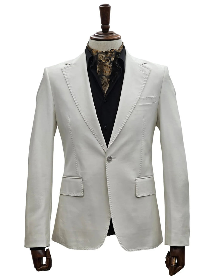 Mens 1 Button Slim Fit Leather Suit Bone - USA Men's Outlet