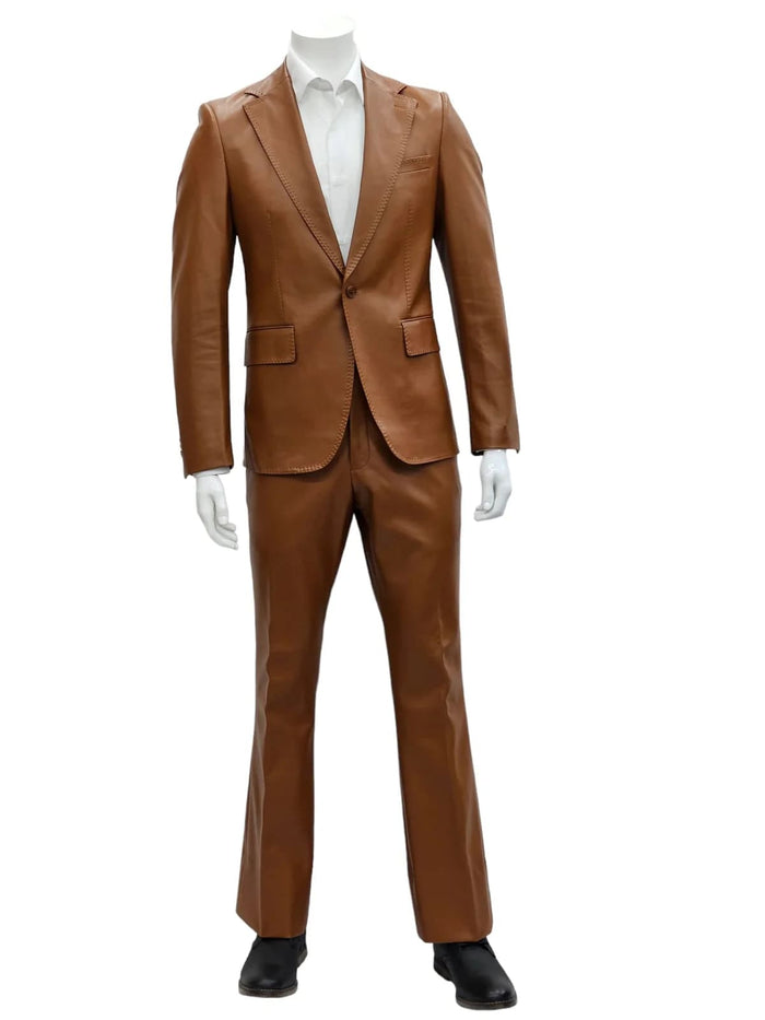 Mens 1 Button Slim Fit Leather Suit Caramel USA Men's Outlet