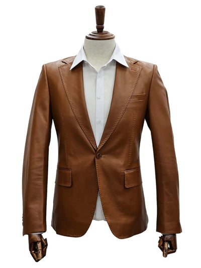 Mens 1 Button Slim Fit Leather Suit Caramel