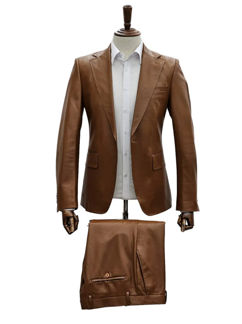 Mens 1 Button Slim Fit Leather Suit Caramel