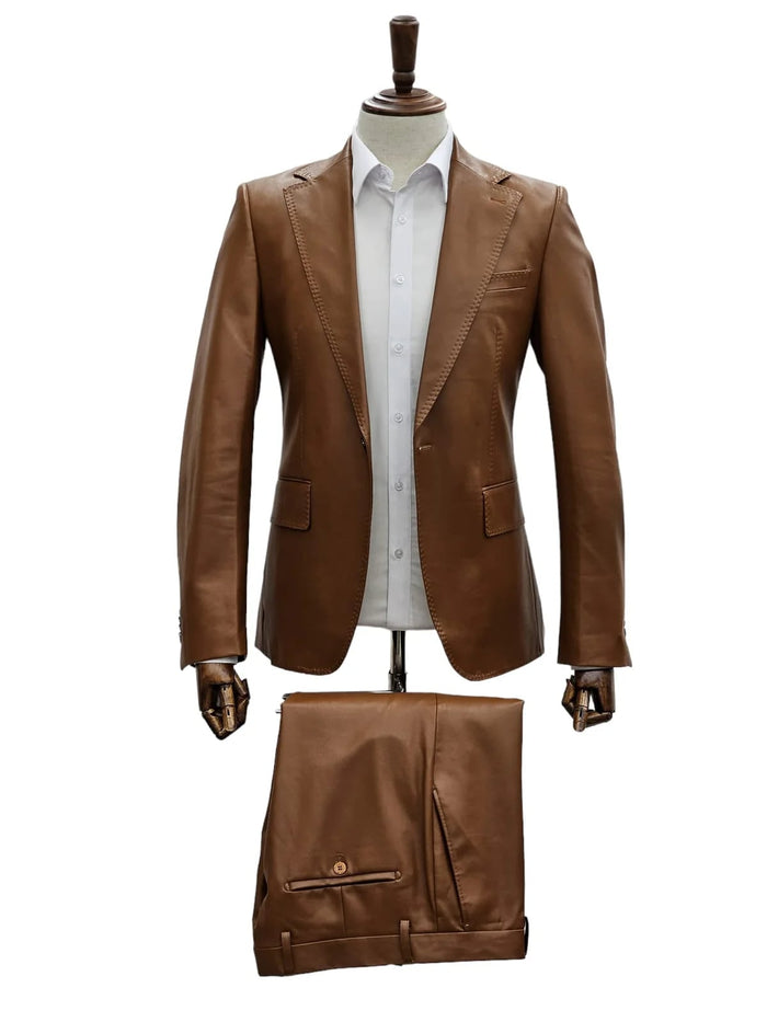 Mens 1 Button Slim Fit Leather Suit Caramel USA Men's Outlet