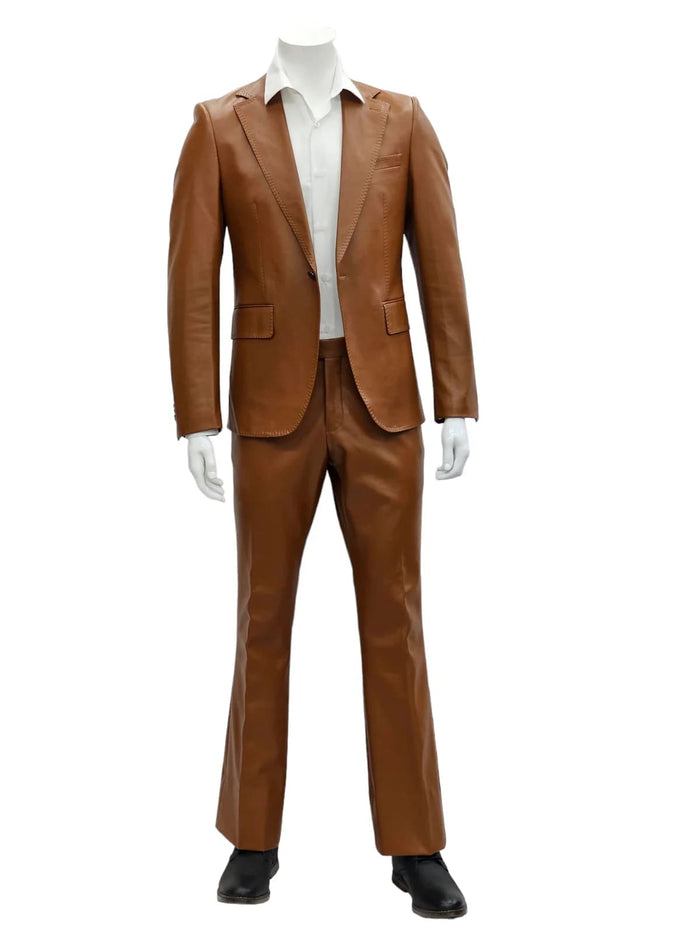 Mens 1 Button Slim Fit Leather Suit Caramel USA Men's Outlet