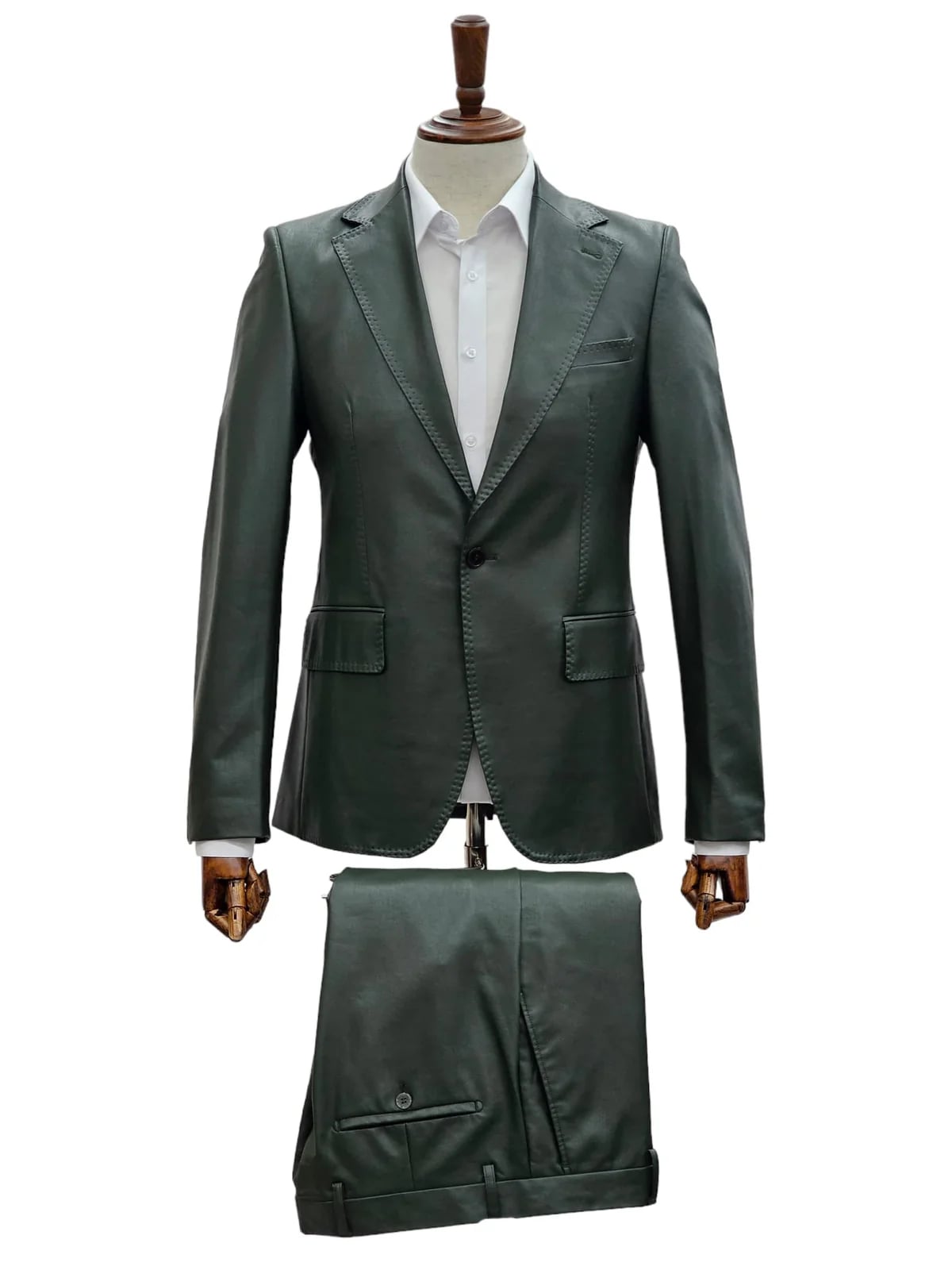 Mens 1 Button Slim Fit Leather Suit Olive
