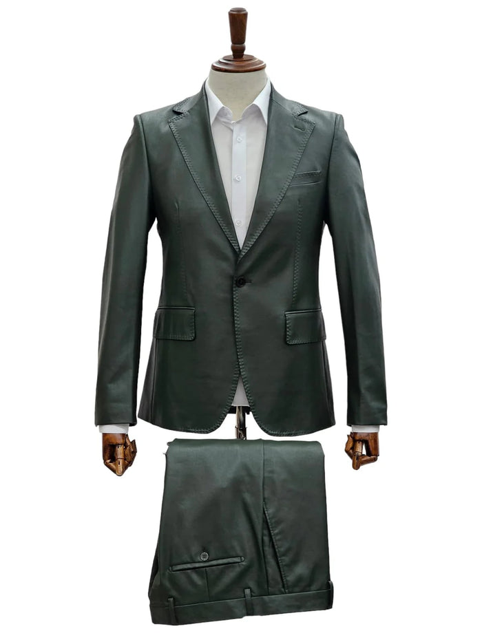Mens 1 Button Slim Fit Leather Suit Olive USA Men's Outlet
