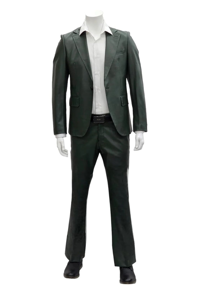 Mens 1 Button Slim Fit Leather Suit Olive USA Men's Outlet