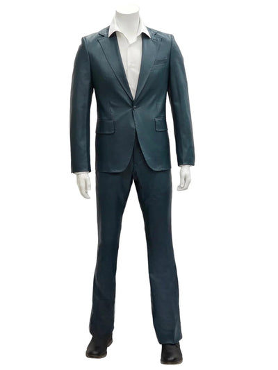 Mens 1 Button Slim Fit Leather Suit Blue