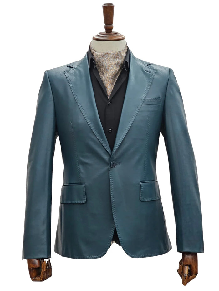 Mens 1 Button Slim Fit Leather Suit Blue by USA Men's Outlet