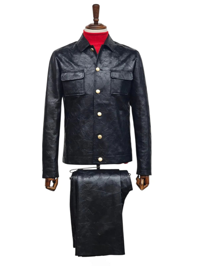 Mens Five Button Slim Fit Leather Suit Black by USA Men's Outlet