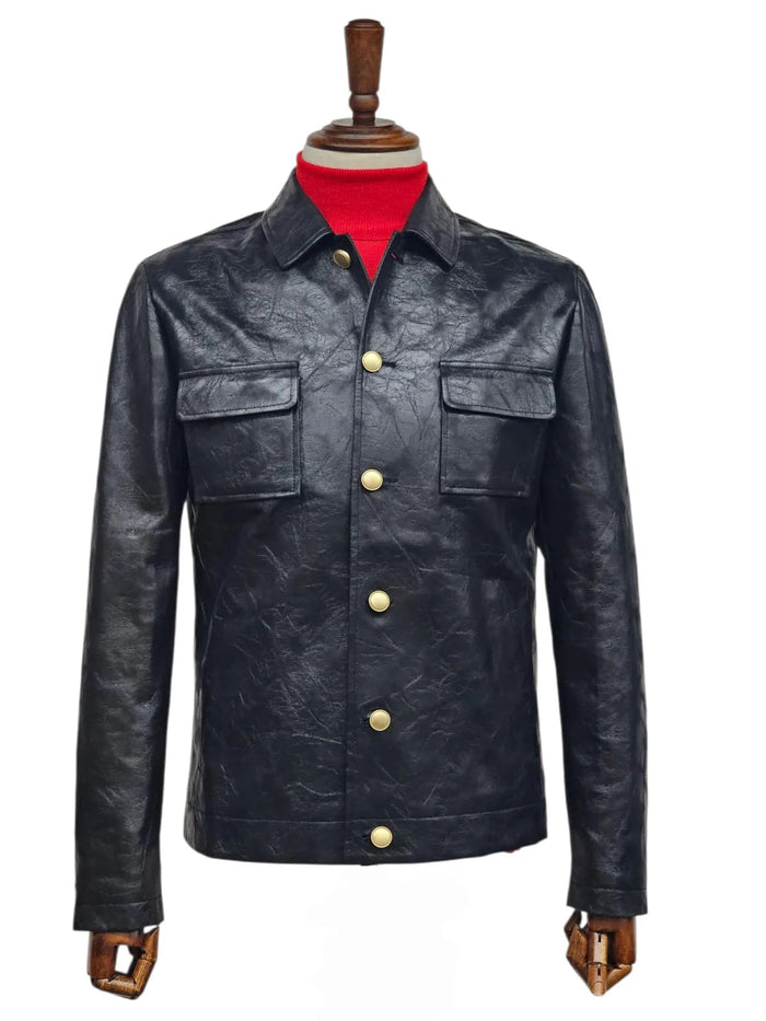 Mens Five Button Slim Fit Leather Suit Black by USA Men's Outlet