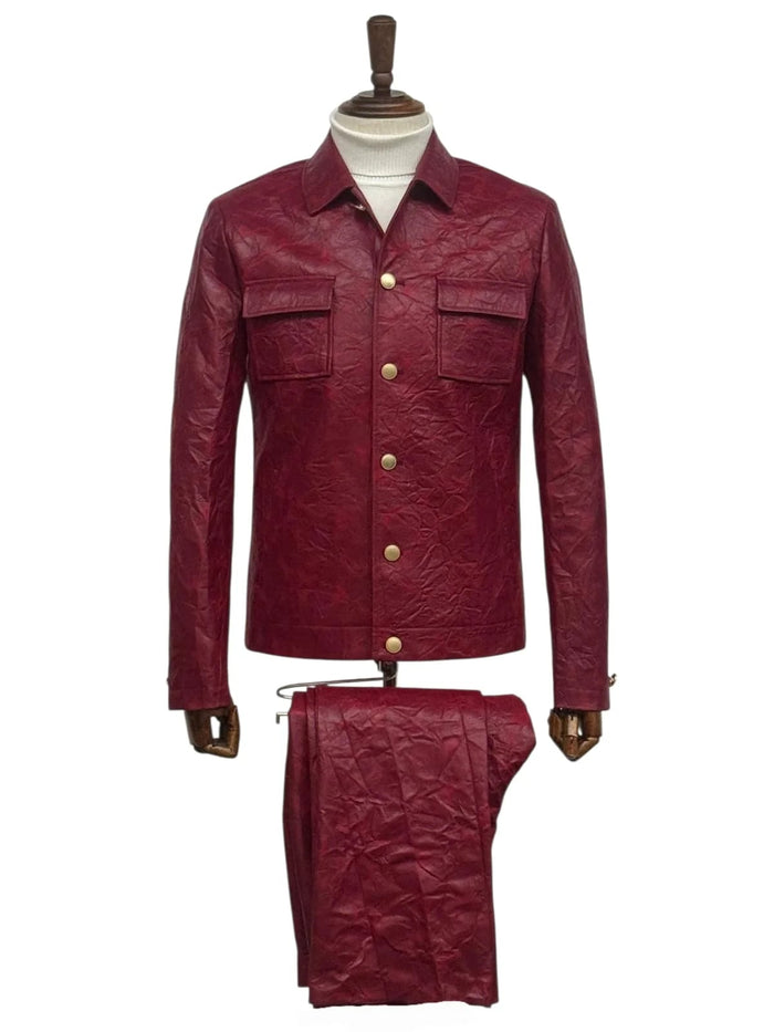 Two Piece Slim Fit Faux Leather Casual Suit Burgundy USA Men's Outlet