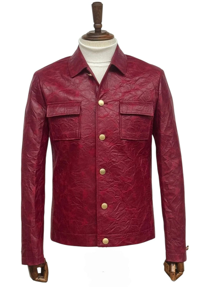 Two Piece Slim Fit Faux Leather Casual Suit Burgundy USA Men's Outlet