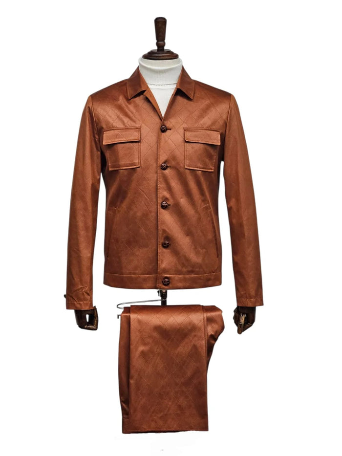 Mens Two Piece Slim Fit Faux Leather Casual Suit Brown by USA Men's Outlet