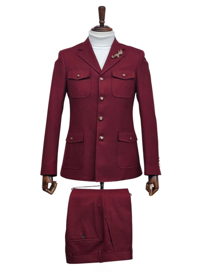 Mens Giovanni Testi 2 Piece Burgundy Suit – Slim Fit 4 Button Blazer with Notch Lapel & Flap Pockets – SuitUSA
