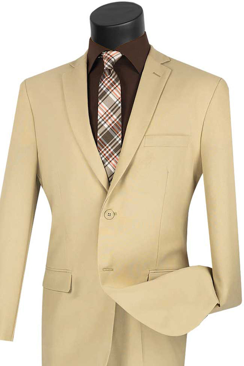Mens 2 Button Slim Fit Poplin Suit in Tan from Vinci Suits